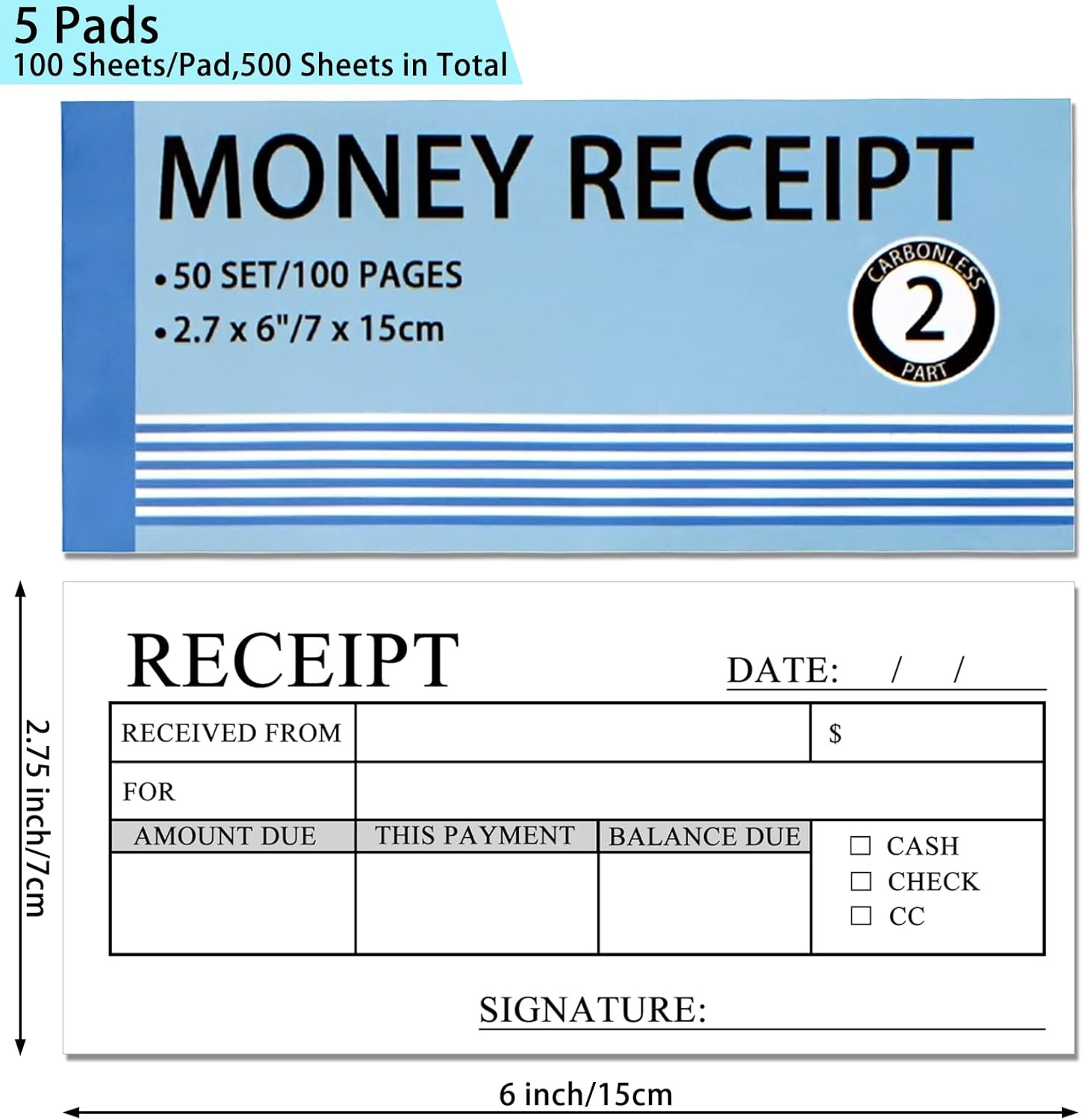 Money and Rent Receipt Book 5 Pack/250 Sets, 2-Part, 2.75″x6″ Carbonless Copy Re