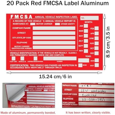 20-Pack Annual Vehicle Inspection Report Forms with Red FMCSA Aluminum Labels, 3