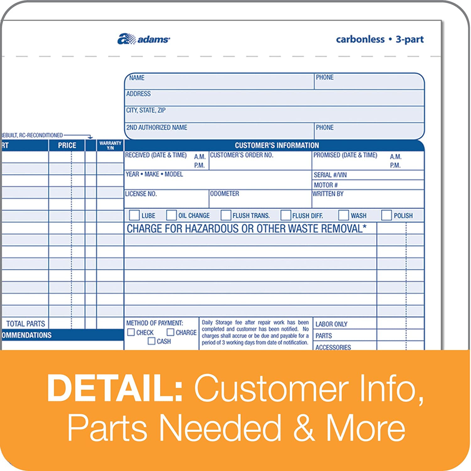 Adams Auto Repair Order Forms, 8.5 X 7.44, 3-Part, Carbonless, 50-Pack (GT3870)
