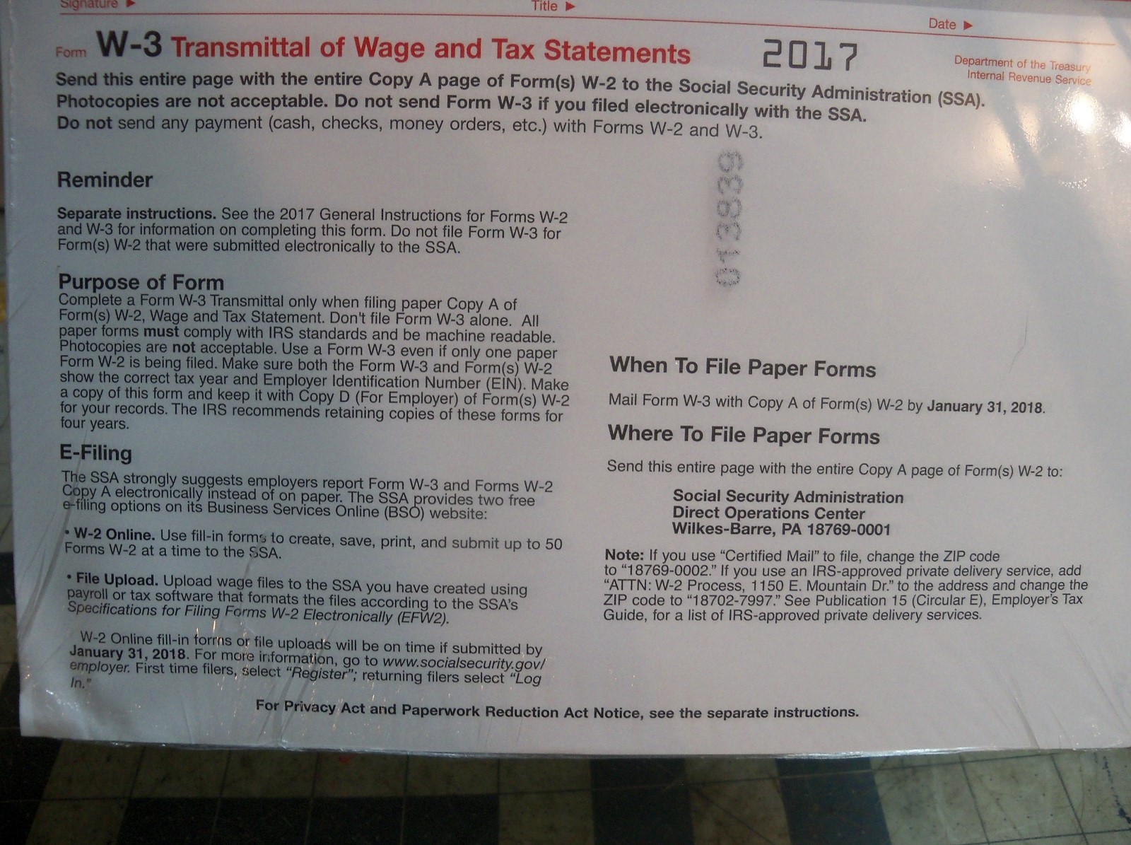 2017 Staples W-3 Summary Transmittal Forms 10 1-part Forms per Package USA