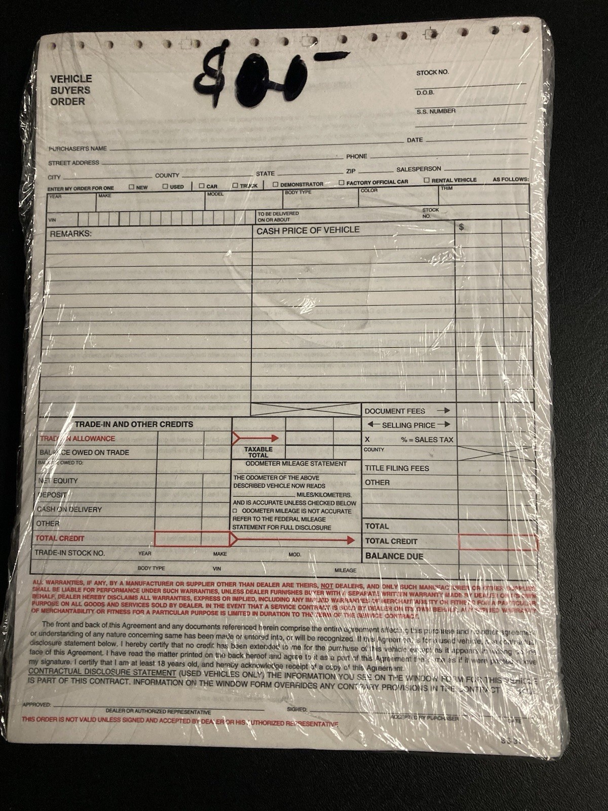100 Pack Vehicle Purchase Agreement Forms 2 Part Auto Sales Contract Forms