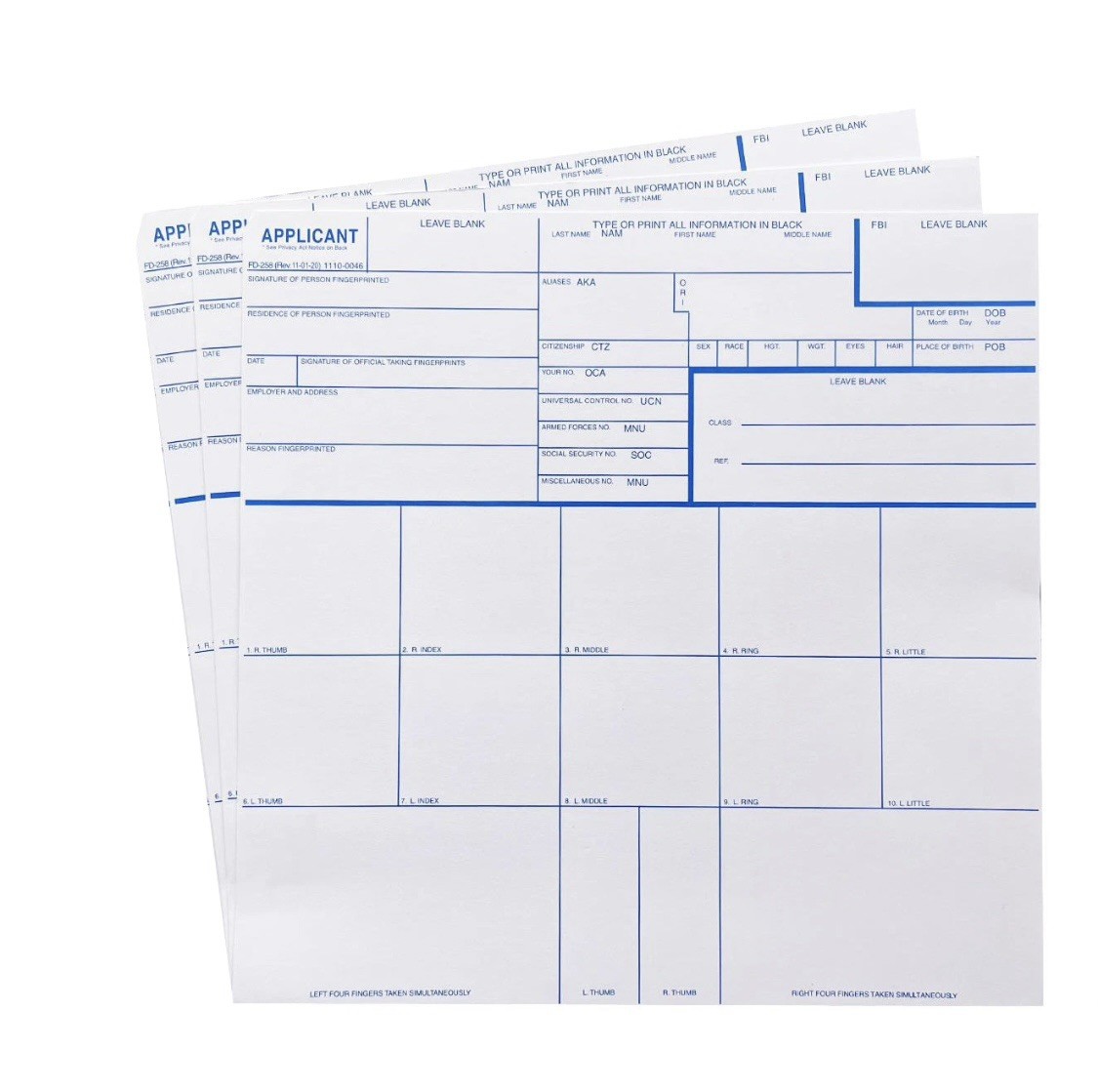 FBI FD-258 Fingerprint Card set of two for federal job applicants – FREE SHIP