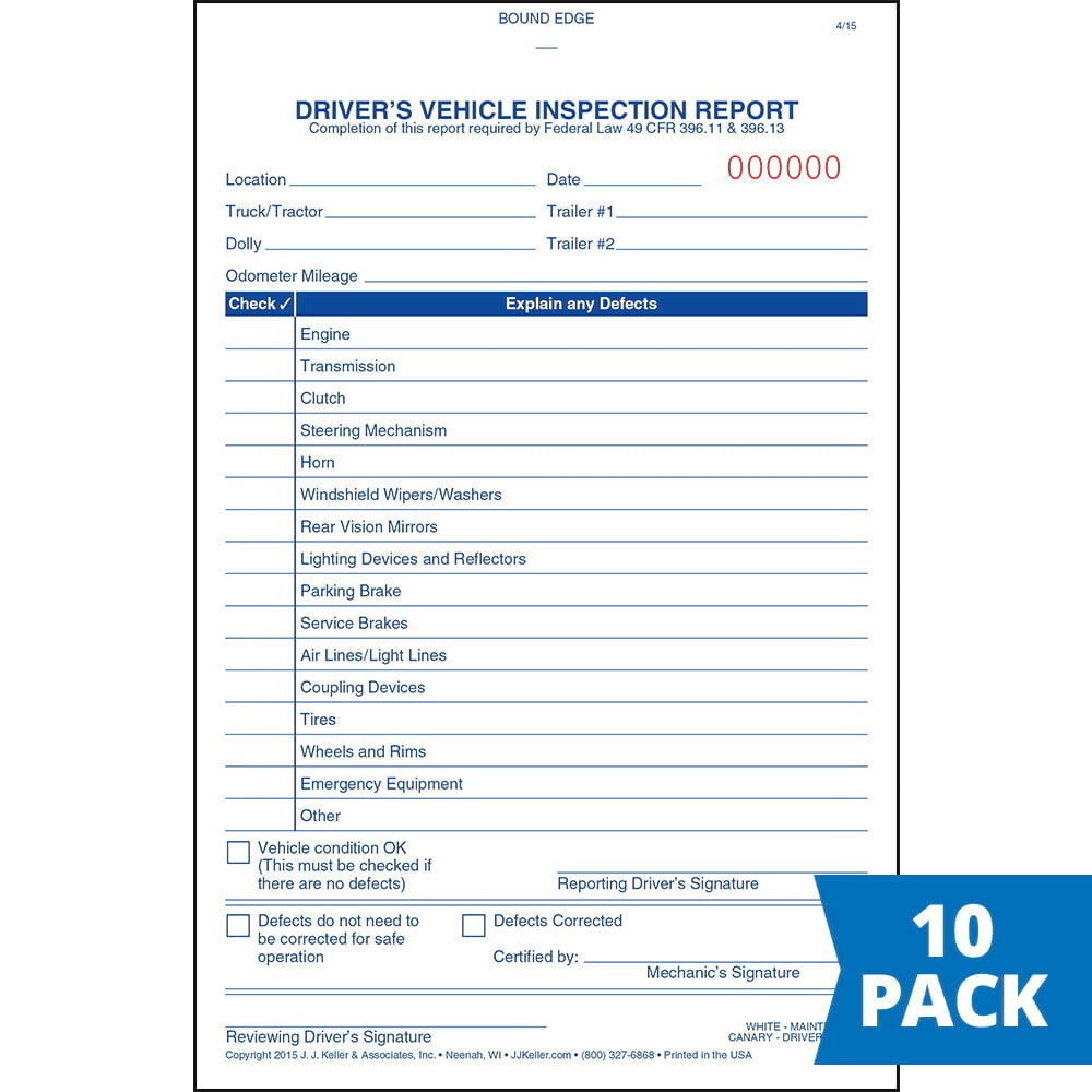 J. J. Keller Simplified DVIR Book 10-pk., 3-Ply Carbonless, 5.5″ x 8.125″