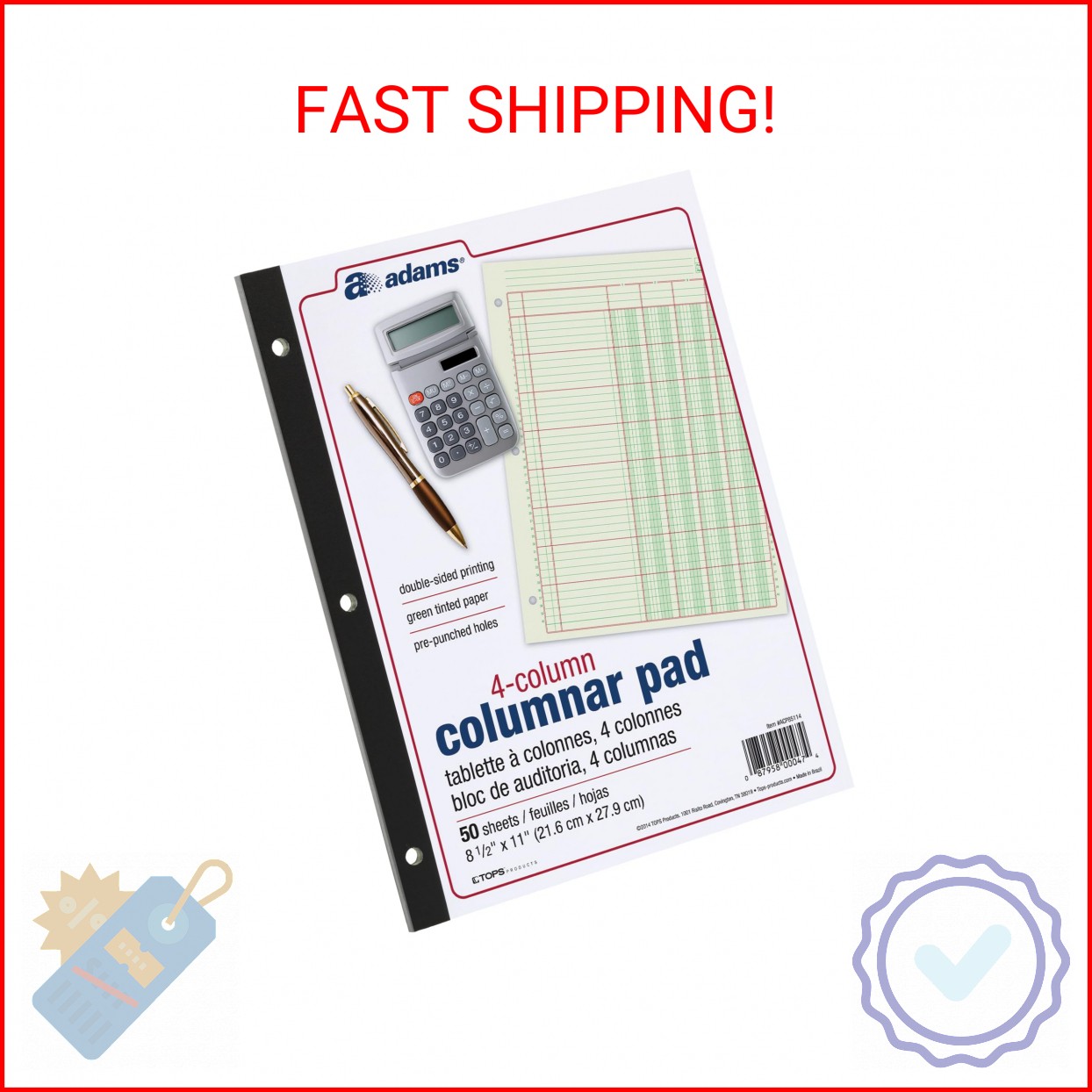 Adams Columnar Analysis Pad, 4 Column Ledger, 8.5″ x 11″, 100 Pages (50 Sheets),