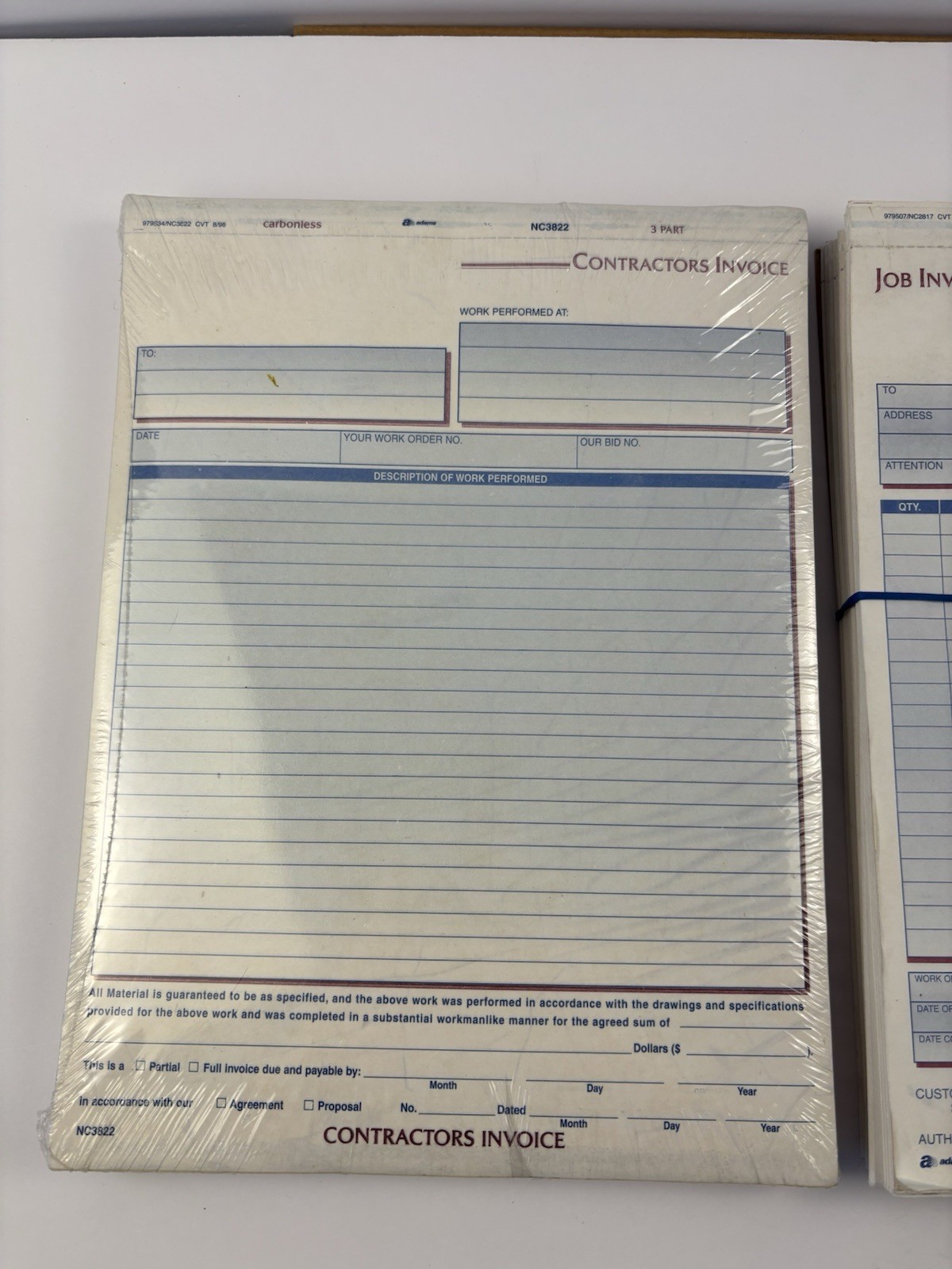 Adams 1 New Pack Contractor Invoice Forms and 1 Pack Job Invoice Forms