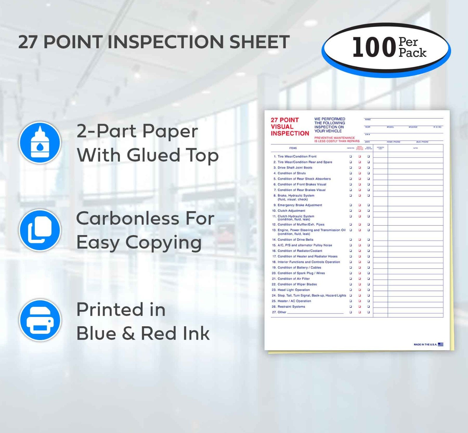 27 Point Visual Vehicle Inspection Car Sheet 2-Part (Form #27-Point) (100 pack)