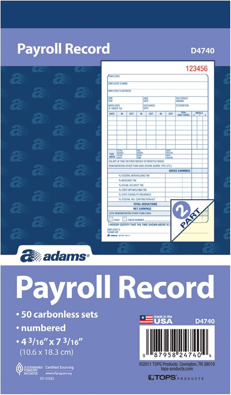 Adams Payroll Record Book, 2-Part Carbonless, White/Canary, 4-3/16 X 7-3/16 Inch