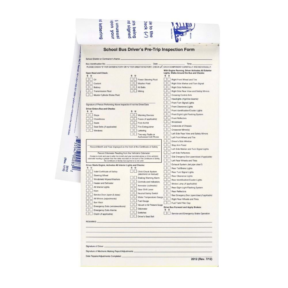 J. J. Keller School Bus Driver’s Pre-Trip Vehicle Inspection Form 10-pk., 2-Ply