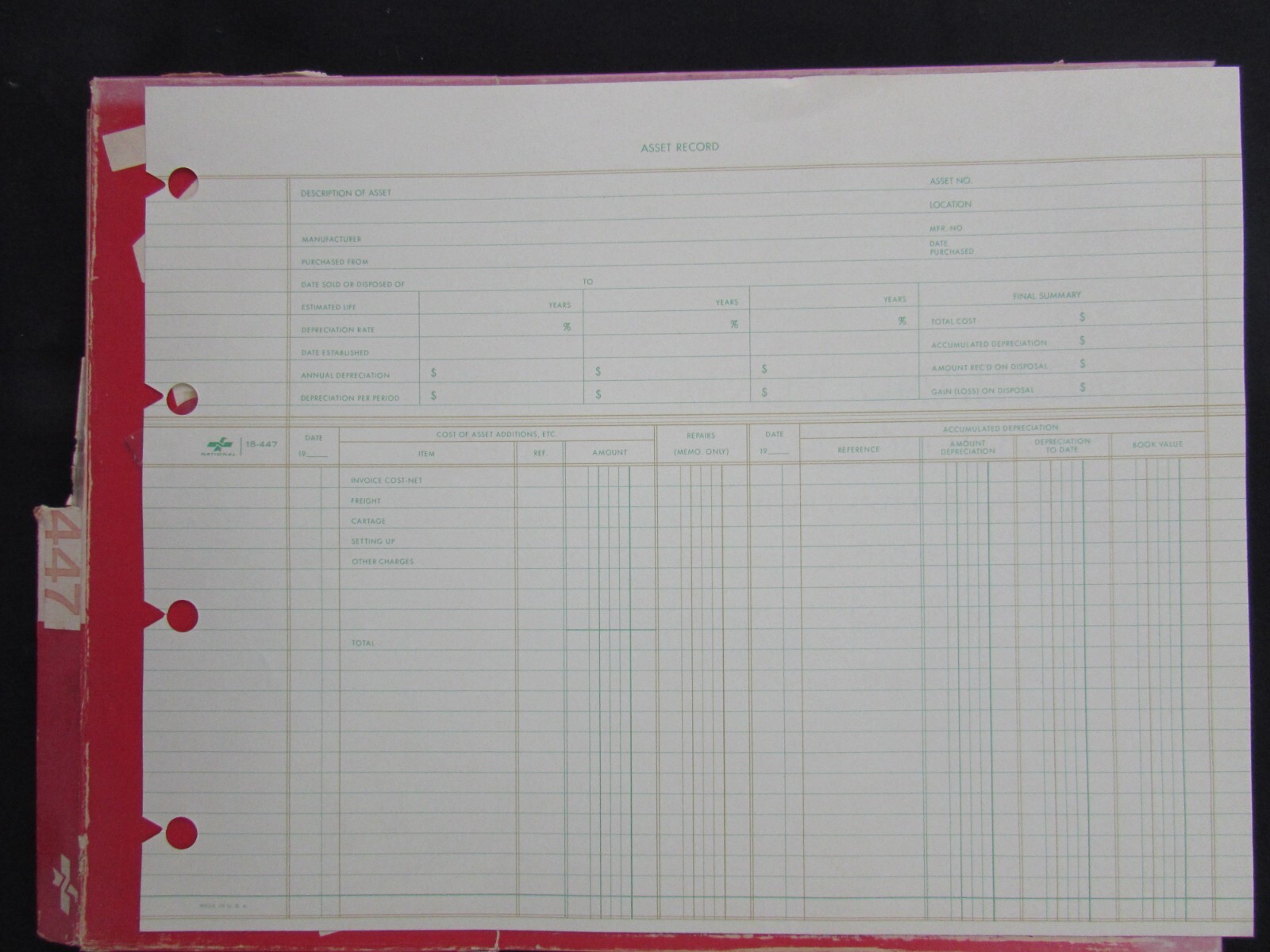 VINTAGE COLUMNAR ACCOUNTING SHEETS BY NATIONAL -#18-460, 447 – 9-1/4 x 11-7/8