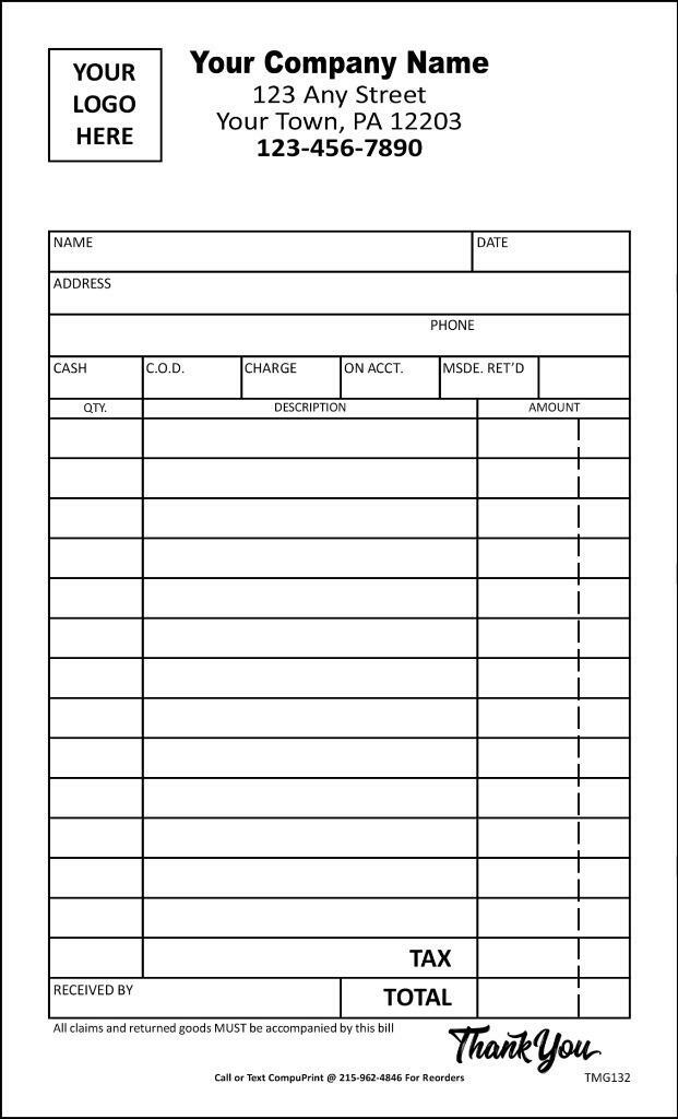 Custom Mid-Size Sales Invoice Forms / 2 Part Carbonless / 4.25 x 7 / TMG132