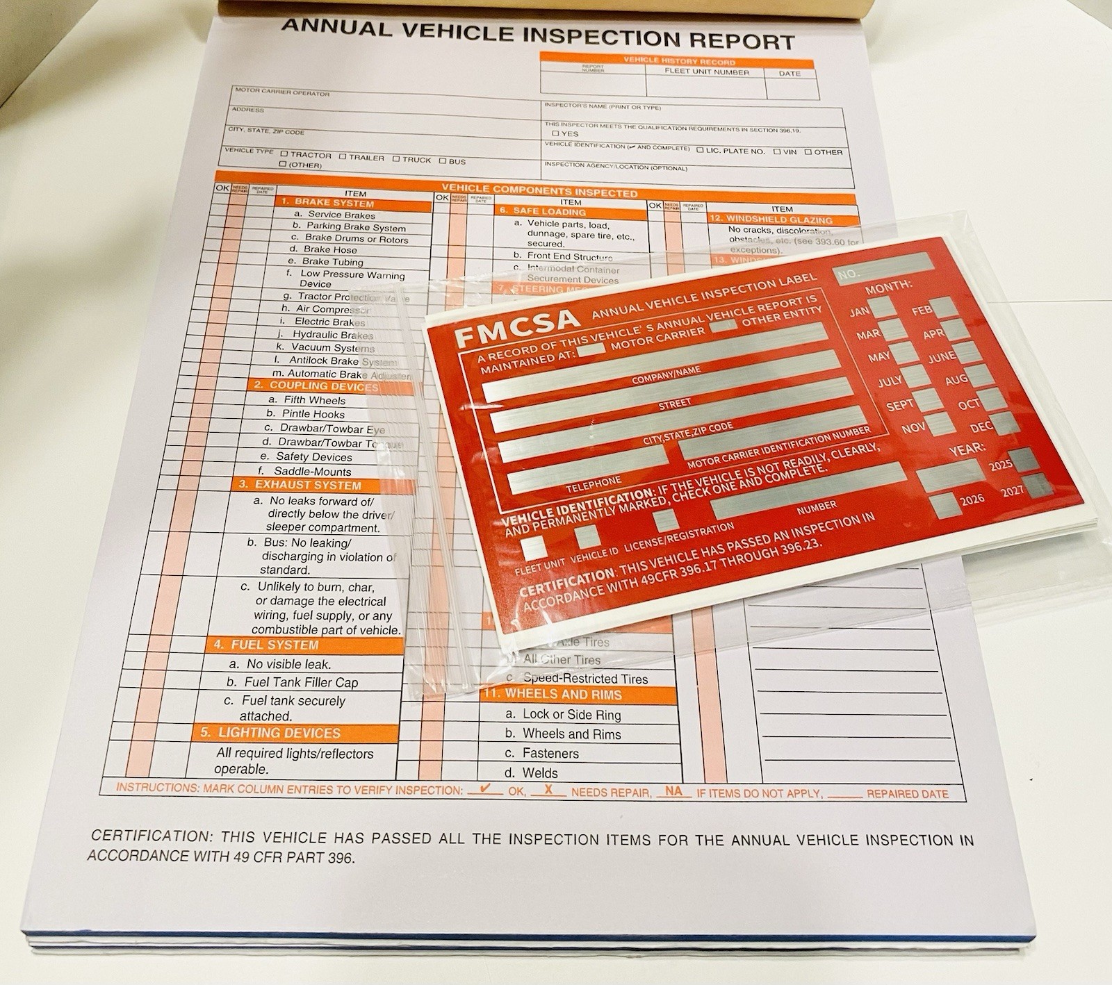 50 Pk Annual Vehicle Inspection Report Forms & Red FMCSA Aluminum Labels