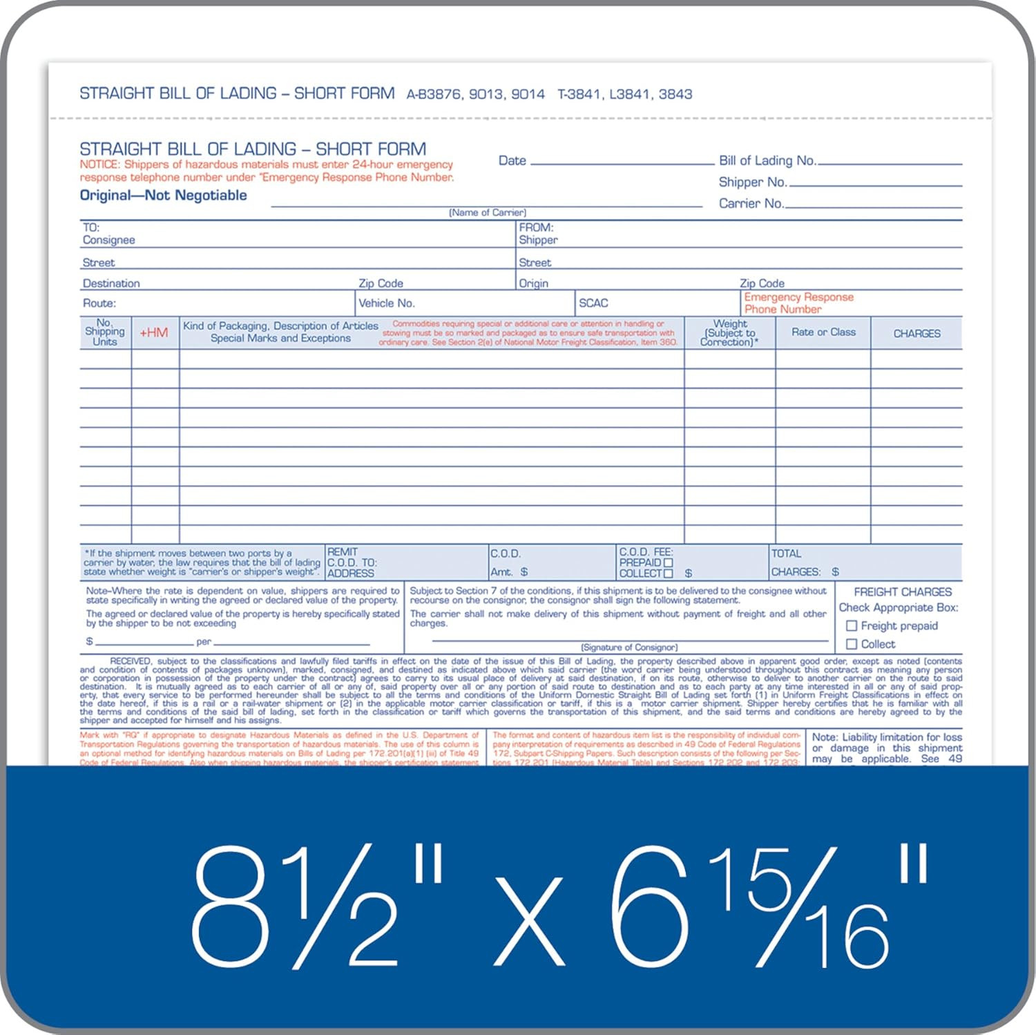 Bill of Lading Short Form, 8-1/2 X 7-7/16 Inches, White, 3-Part, 250-Coun