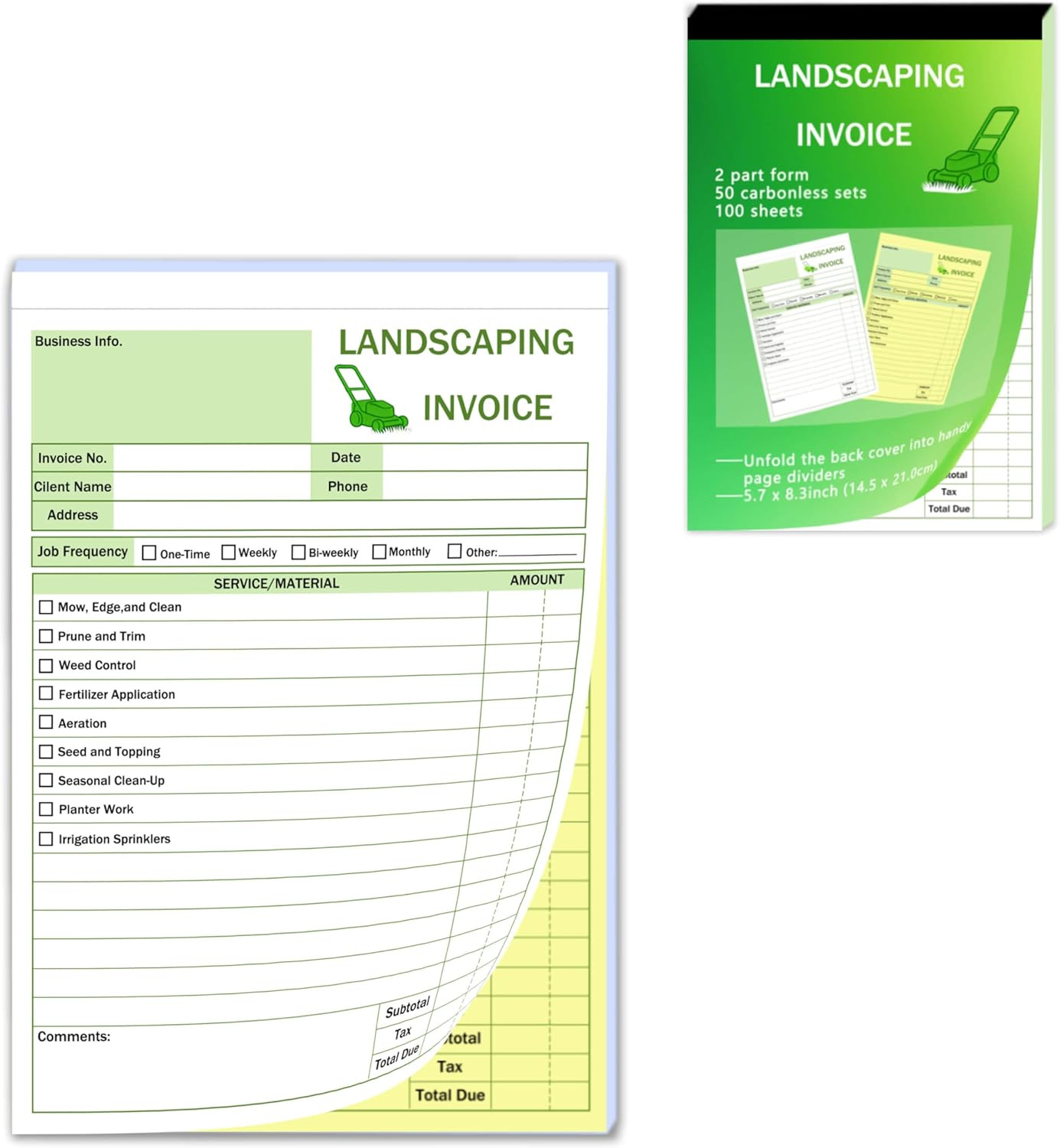 Garden Service Invoice Receipt Book, 2-Part Carbonless Landscaping Invoice Book