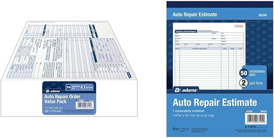 Garage Repair Order Forms 8.5 x 11 Inch 3 Parts 250-Count White & Canary & White