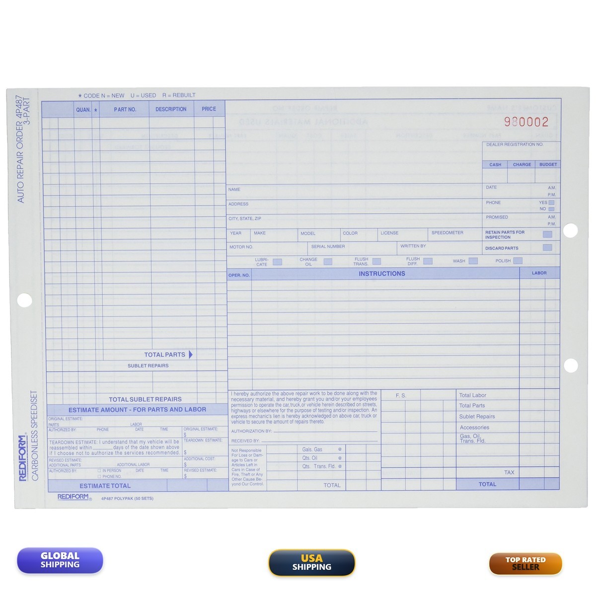 Rediform Auto Repair Polypack Carbonless Triplicate Forms 8.5 X 11.625 50