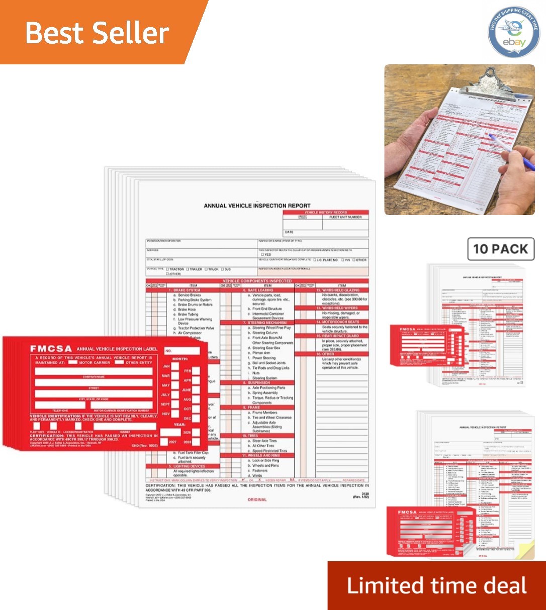 Annual Vehicle Inspection Report Forms & Durable Red Aluminum Labels – 10-Pack