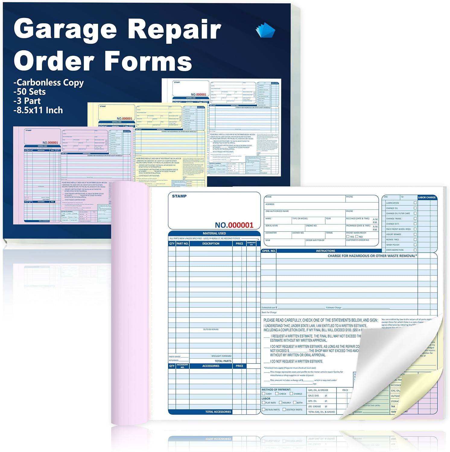 Auto Repair Order Forms 100 Sets 3 Part Carbonless 8.5×11 Sequential Numbered