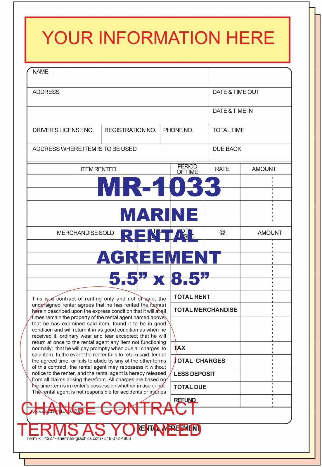 MARINE RENTAL AGREEMENT CUSTOM PRINTED 2 or 3 PART CARBONLESS