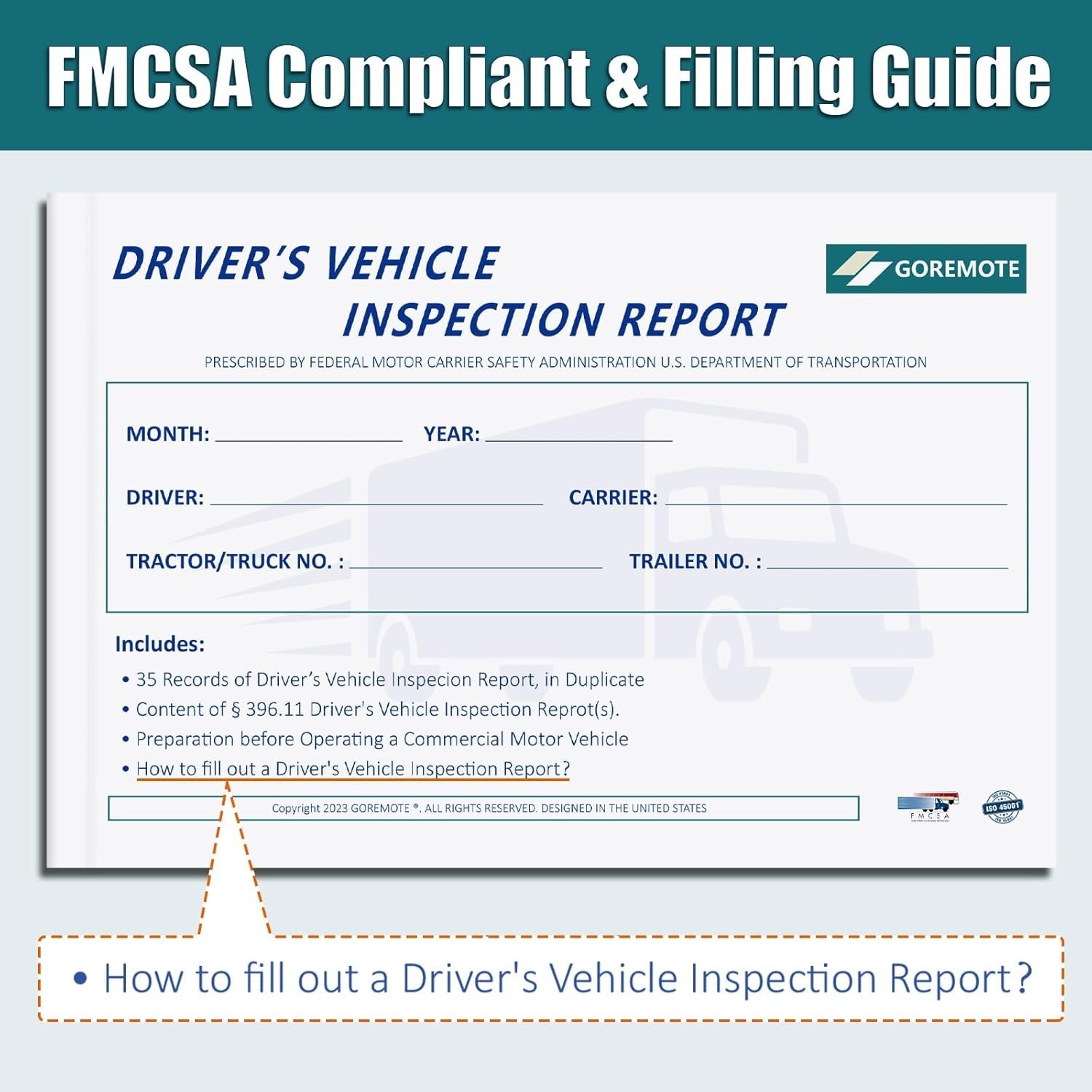 Detailed Driver’s Vehicle Inspection Report, 5 Pack, Daily Pre Trip Inspectio…