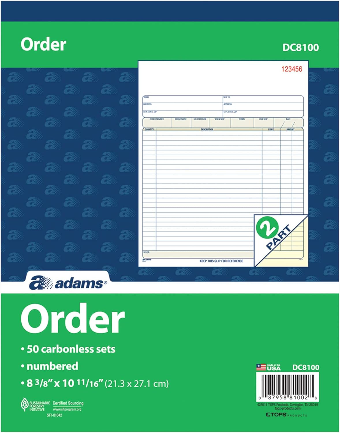 Adams Order Book 2-Part Carbonless 50 Sets 8-3/8×10-11/16″ White Canary DC8100