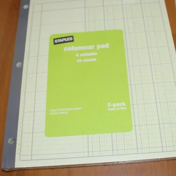 New Staples Accounting Paper Columnar Pad 2-Pack 4 Column 50 Sheets Each NIP