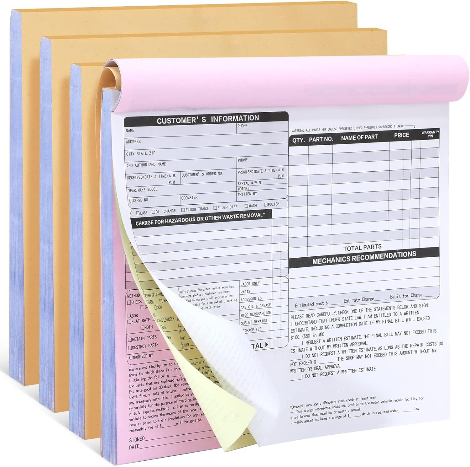 200 Sets Auto Repair Order Forms 3 Part Carbonless Forms with White, Yellow, and