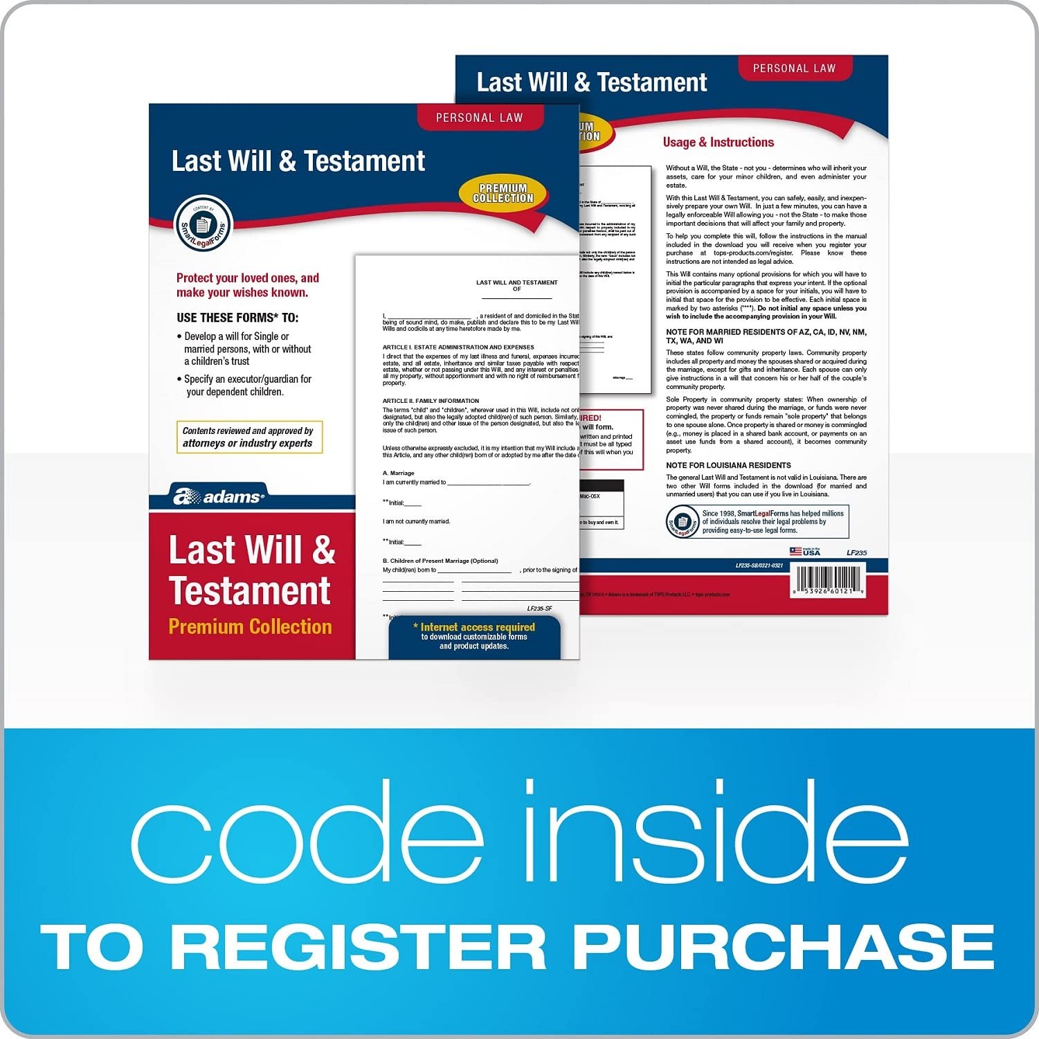 Adams Last Will and Testament, Forms Instructions, 11x”8.5″x0.13″, White