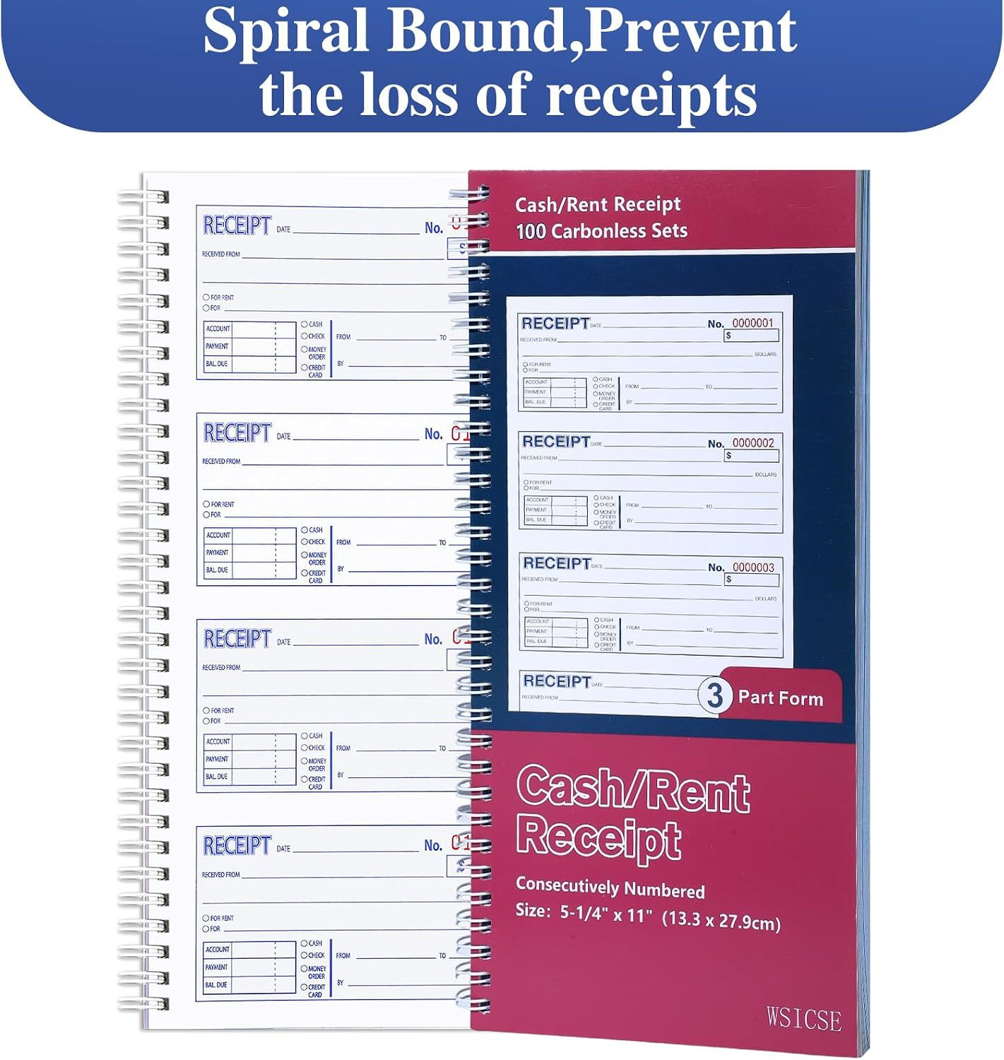 2 Pack Receipt Books with Carbon Copies, 3-Part Carbonless | 5.24″ X 11, , 100
