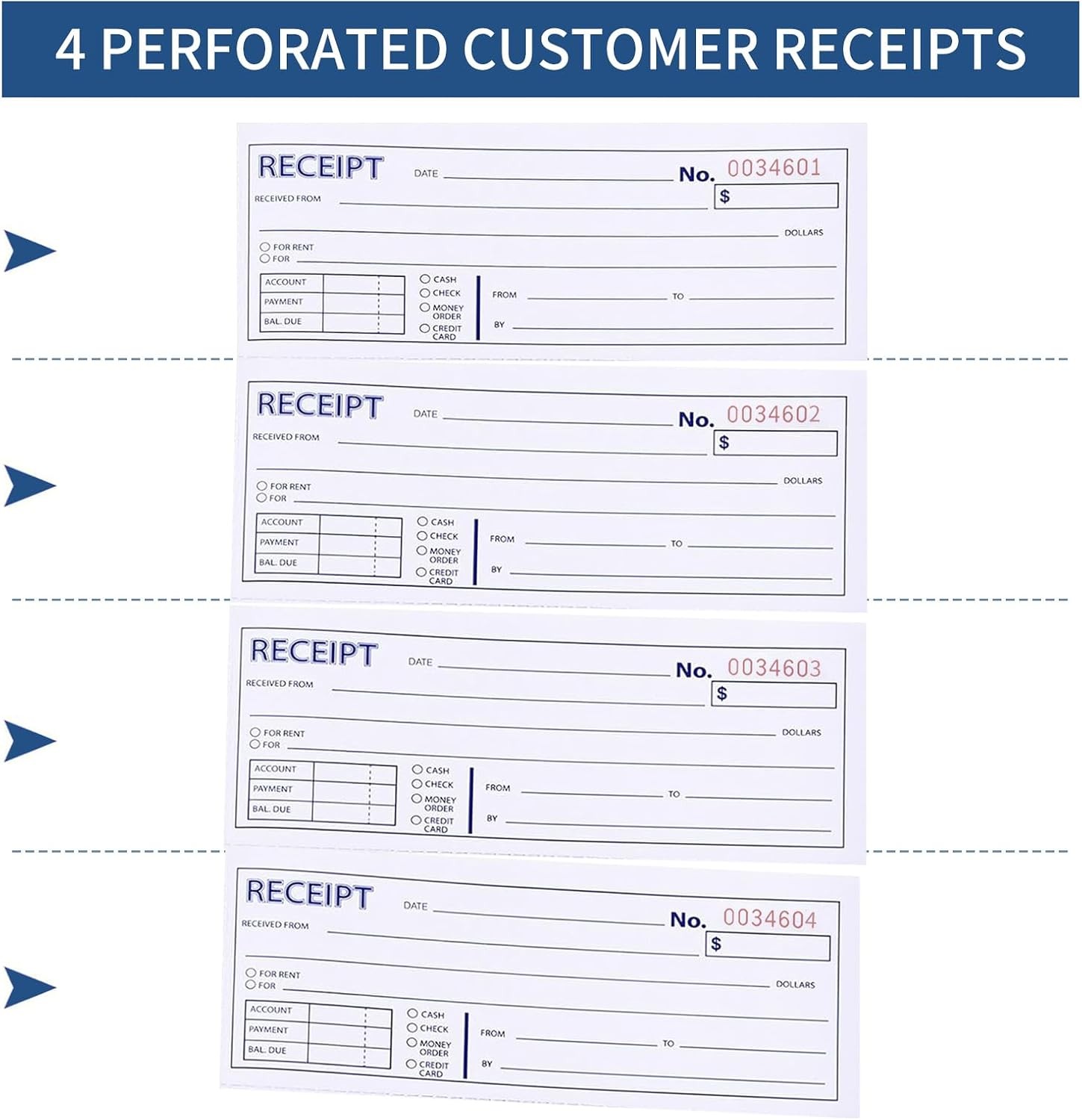 6 Pack Large Money and Rent Receipt Books with Cardboard Insert,7-5/8″ X