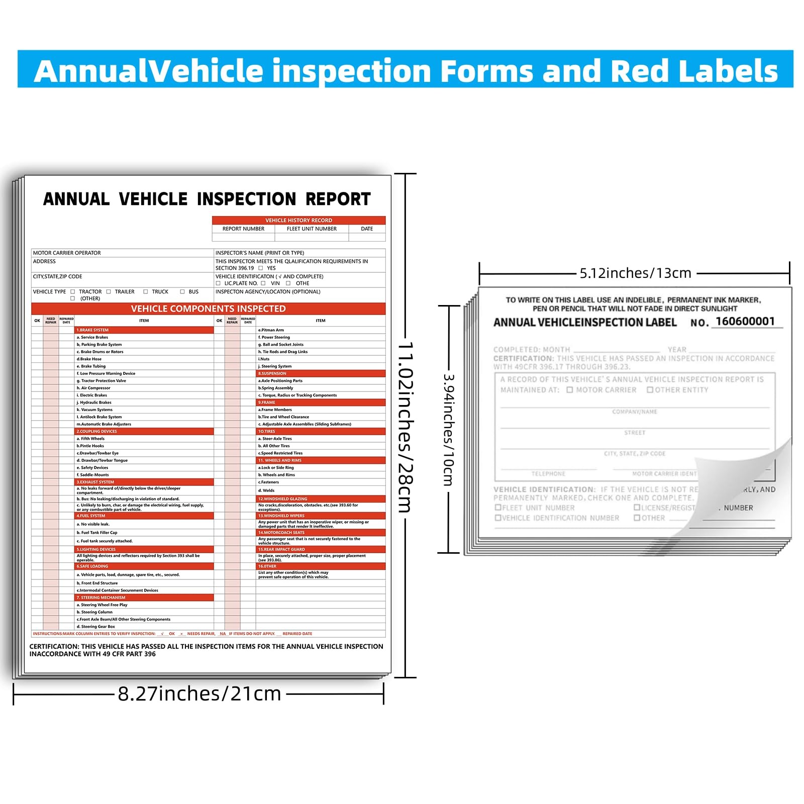 Annual Vehicle Inspection Report Form and Label, 25-Pack 3-Layer Vehicle Insp…