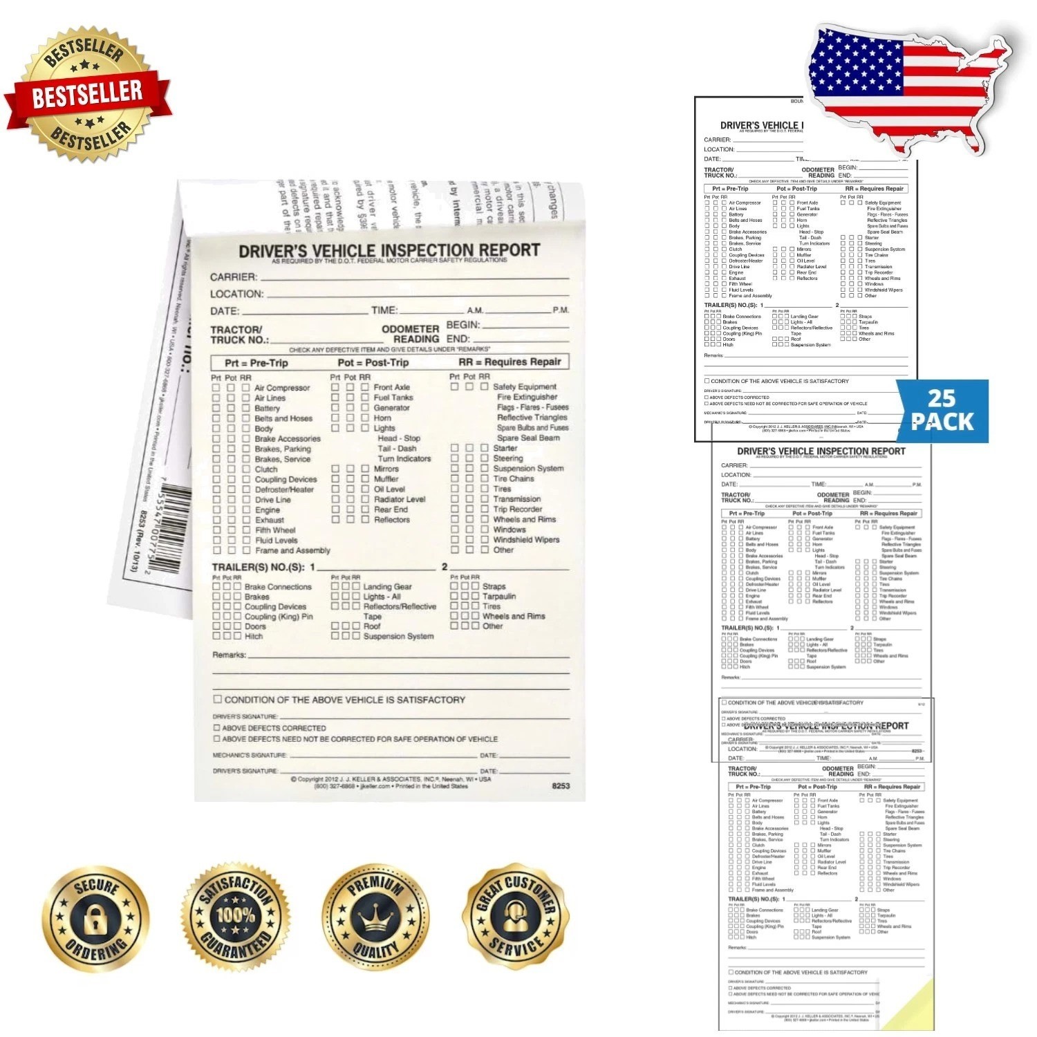DVIR Inspection Book 25-pk 2-Ply Carbonless Forms 5.5″x8.5″ FMCSR Compliant