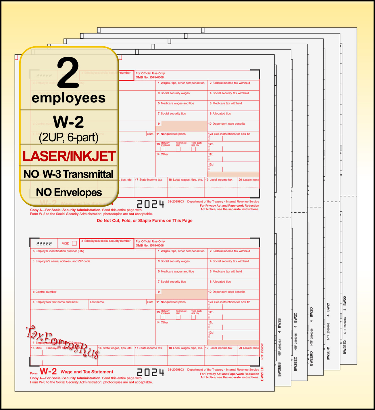 2024 IRS Tax Form W-2 Wage Stmts LASER single sheet set for 2 employees, 6-part