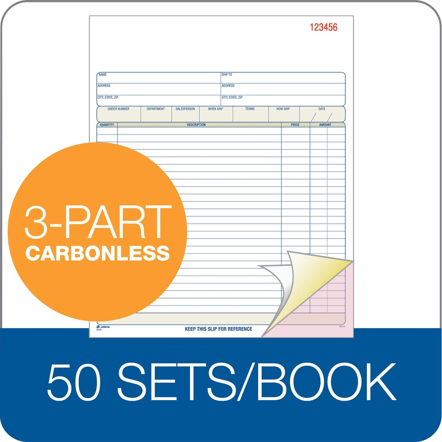 Order Book, Carbonless, White/Canary/Pink, 3-Part, 8-3/8 x 10-11/16 Inches, 50 S
