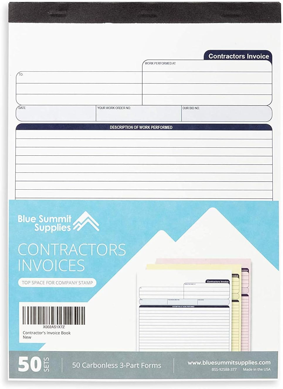 Blue Summit 50 Contractor Invoice Receipt Books, Estimate Book Contractor with B