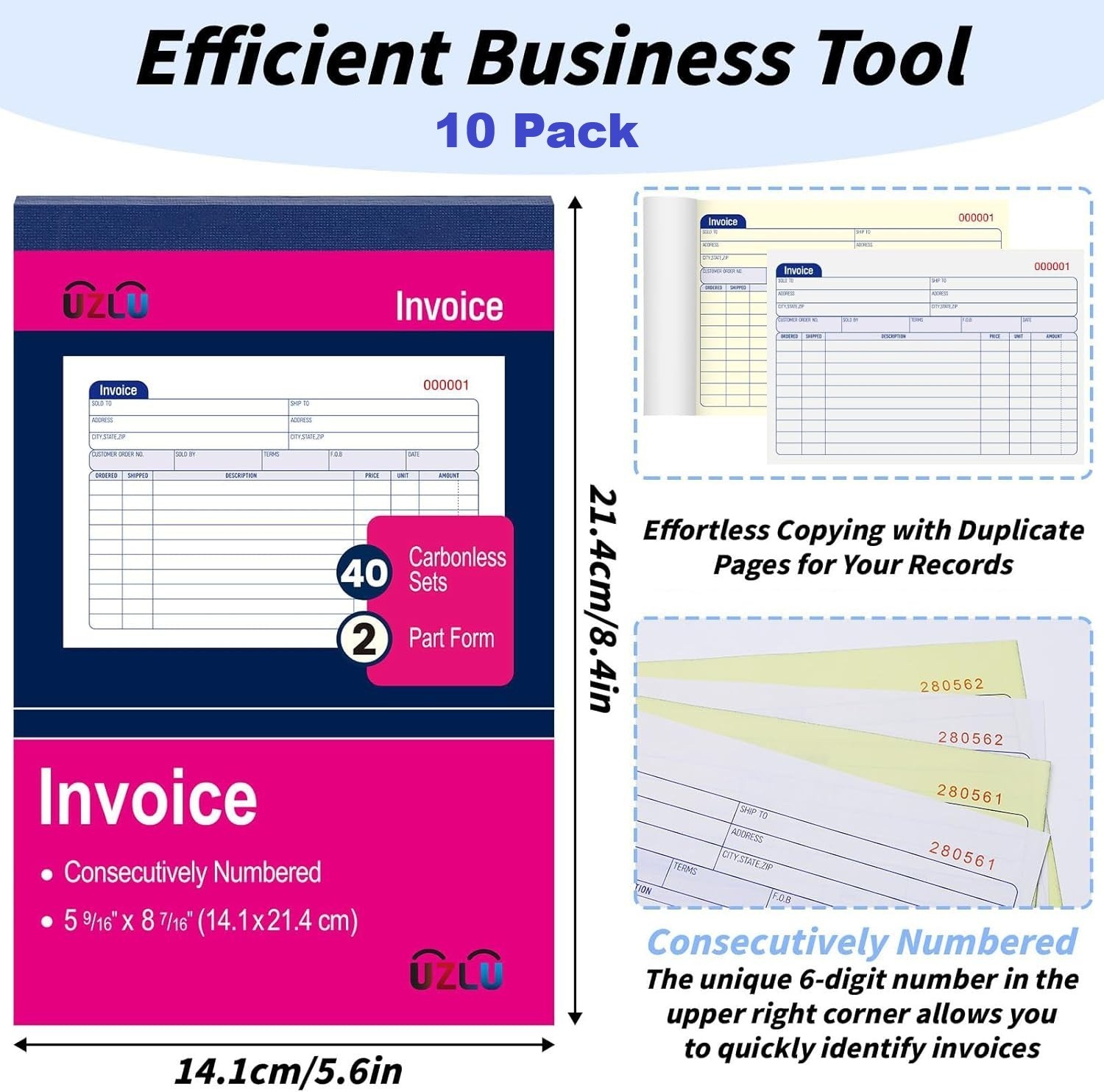 10 Pack – Invoice Books 2 Part Carbonless for Small Business 5-9/16″ x 8-7/16″