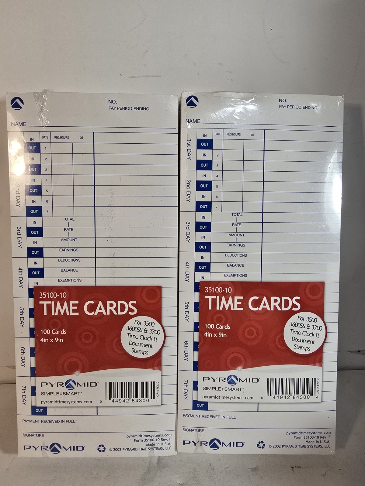 Lot Of 2 Brand New Pyramid Time Systems Pyramid Time Cards for 3500 3600SS 3700