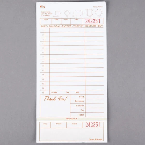 (2000-Pack) 3 Part Carbonless Guest Check Tan/White 4.25″x8.5″ with Receipt Stub