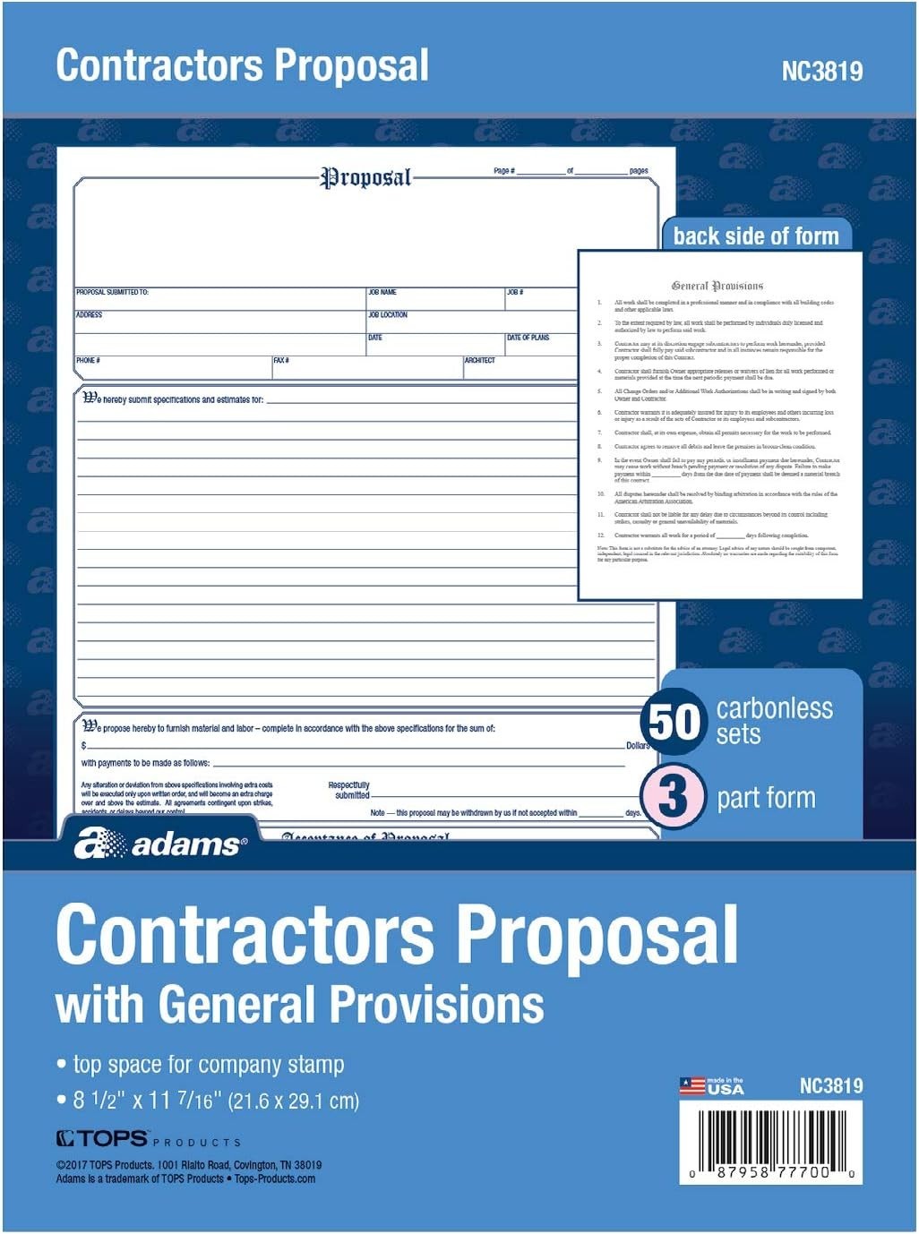 Contractor’s Proposal Forms 3-Part Carbonless 8.5×11 Inches 50 Pack