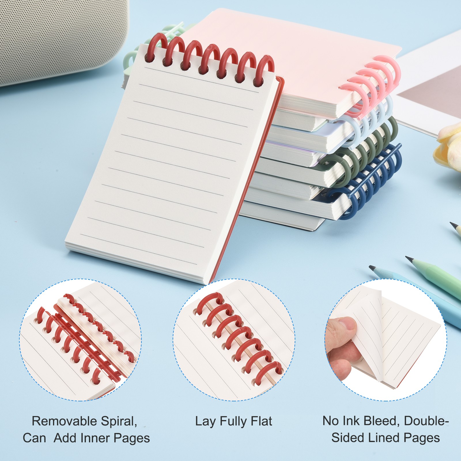 3×5″ Pocket Notebooks, 2Pcs Spiral Notepads Plastic Ring with Lined Pages, Red