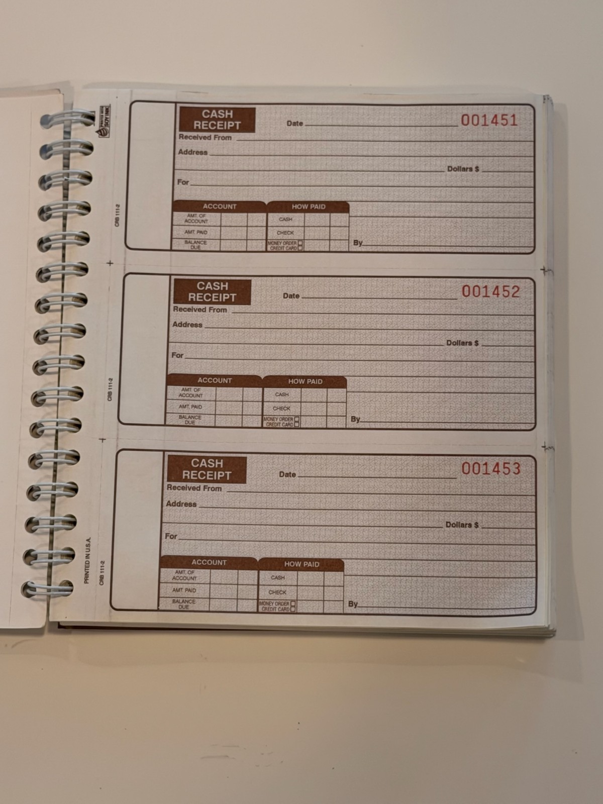Cash Receipt Book 3-Per Page Carbonless Spiral Bound CRB 111-2 Made in USA (225)