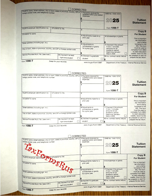 2025 IRS Tax Form 1098-T single sheet set for 3 students, NONcarbonless 2pt, 3up
