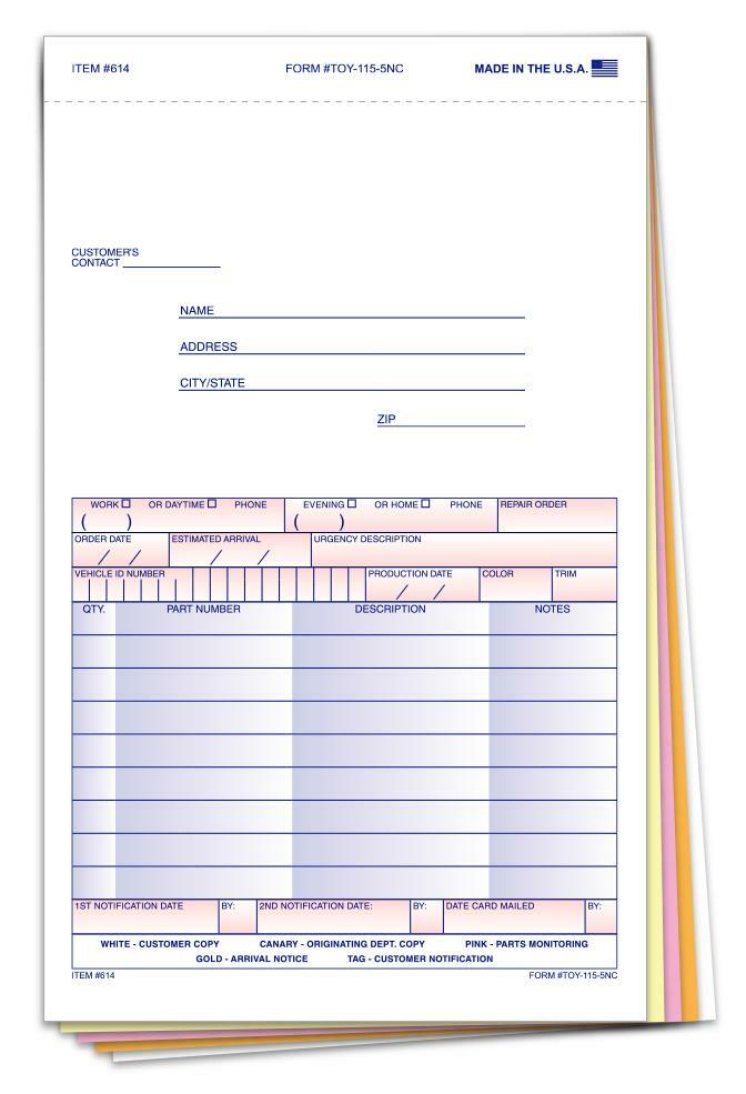100 SPECIAL PARTS ORDER FORM 5 Part – TOY-115-5NC / Item # 614 Plain