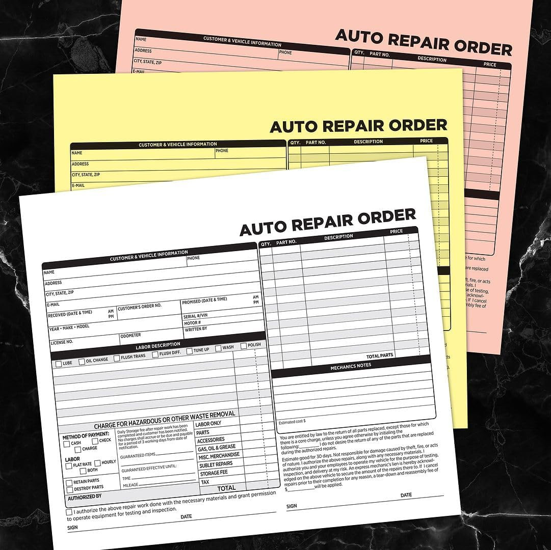 Auto Repair Order Forms, 3-Part, Carbonless, 50-Pack, White and Canary (074035)
