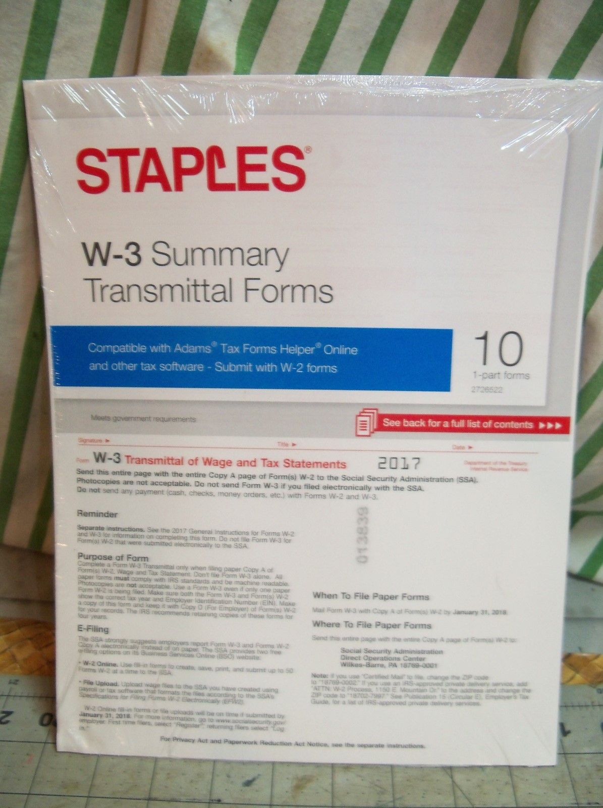2017 Staples W-3 Summary Transmittal Forms 10 1-part Forms per Package USA