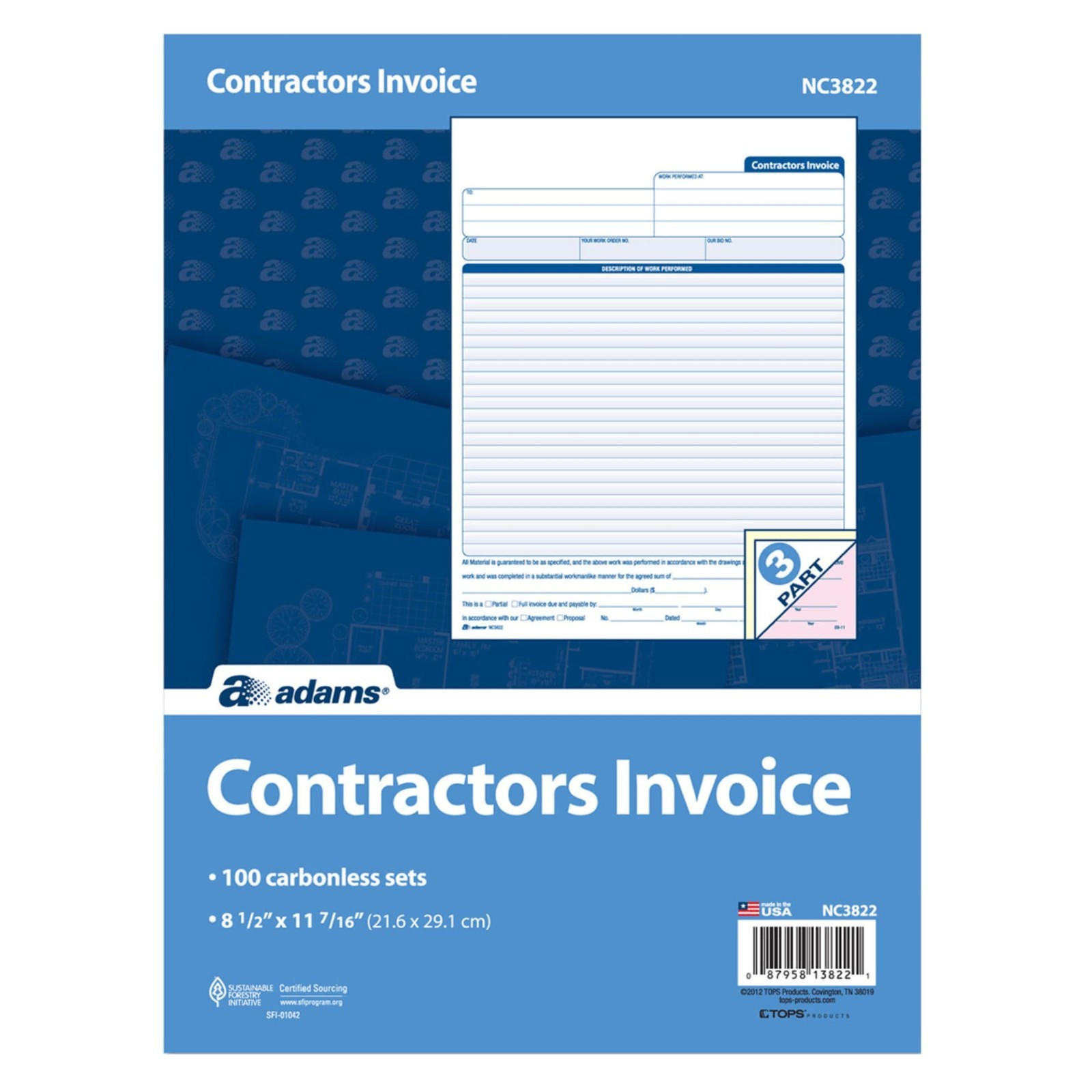 Adams Contractor Invoice Forms NC3822 | 3-Part Carbonless Invoice Book, 8.5″ x 1