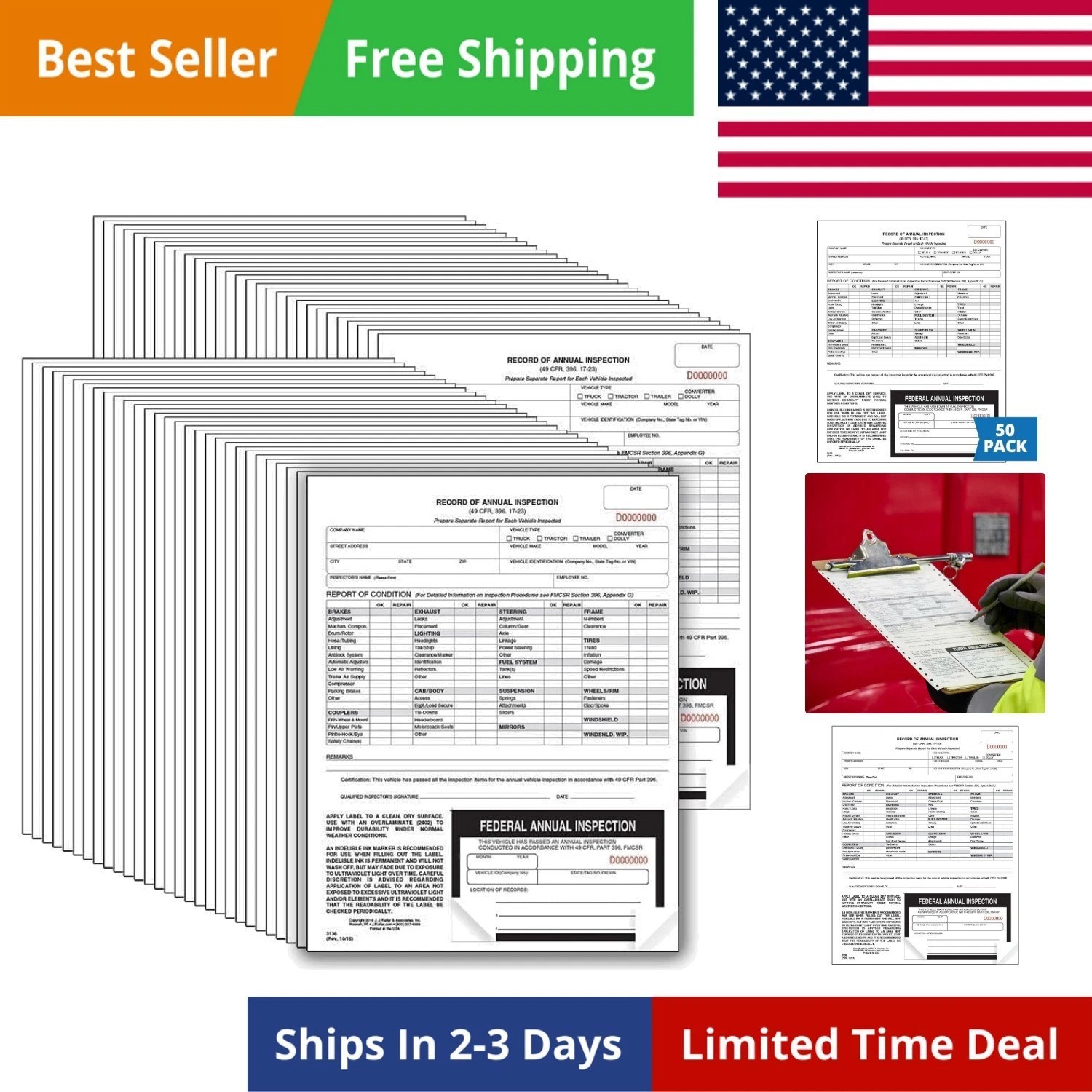 J. J. Keller 50-Pack, Record of Annual Inspection Form with Inspection Label,…