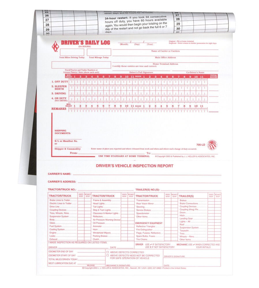 J. J. Keller 2-in-1 Driver Daily Log Book with Detailed DVIR, 2-Ply Carbonless,