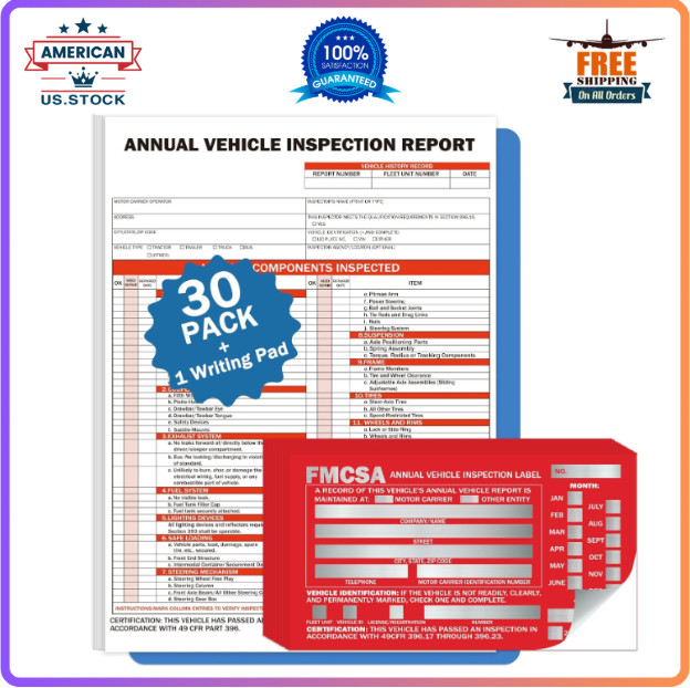 30Pack DOT Annual Vehicle Inspection Forms and Stickers 30-Pk 3-Ply Vehicle