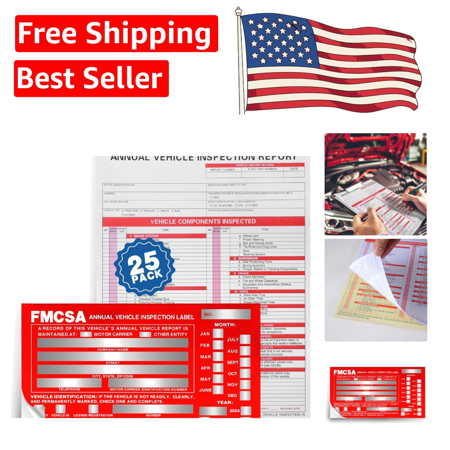 Complete 25 Pack Vehicle Inspection Kit – Red Adhesive Stickers & Forms Included
