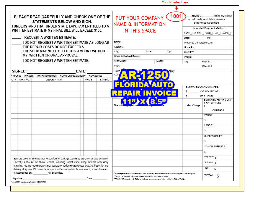 AUTOMOBILE GARAGE REPAIR INVOICE ORDER (Including Florida Repair Orders)